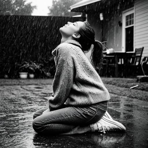 Woman in Sweater Enjoying Rain in Backyard