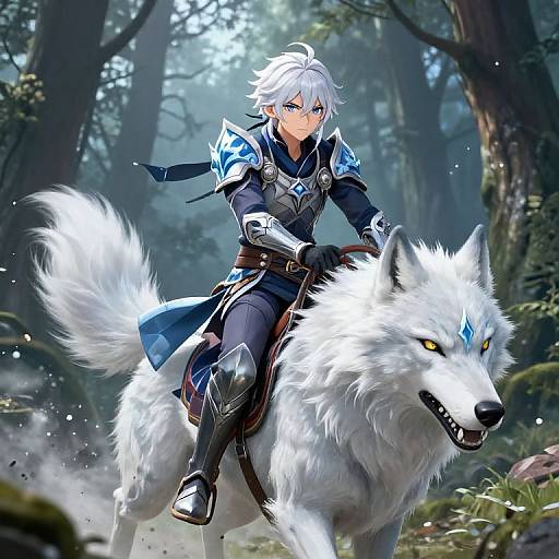 Digital anime-style artwork of a white-haired, blue-eyed warrior with blue armor riding a fierce white wolf through a misty forest.