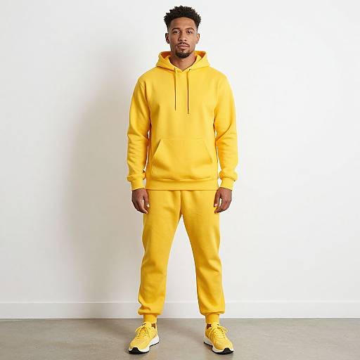Photograph of a Black man with short curly hair, wearing a bright yellow hoodie and matching pants, yellow sneakers, standing against a plain white wall.