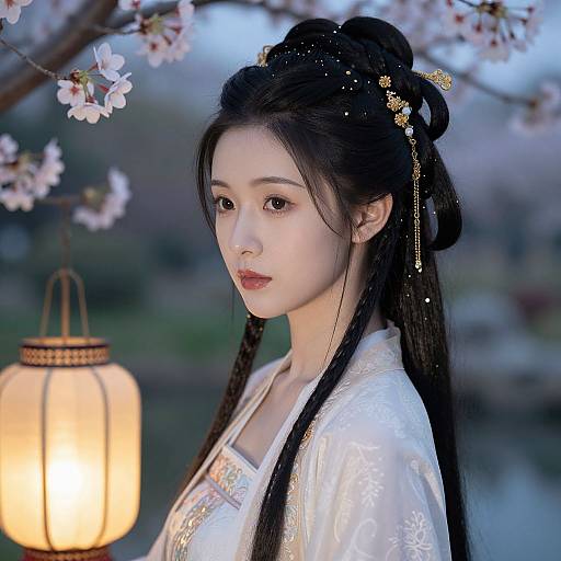 Photograph of an East Asian woman with long black hair in a traditional white hanbok, adorned with gold hairpins, standing by a glowing paper