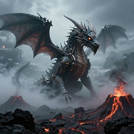 Digital fantasy artwork: A menacing, armored black dragon with glowing red eyes and large wings stands amidst a volcanic landscape, surrounded by erupting lava and thick