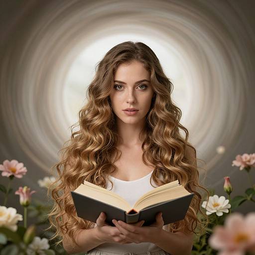 Photograph of a young woman with long, wavy brown hair, blue eyes, and fair skin, reading a book, surrounded by flowers, against