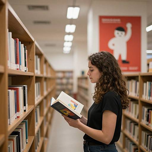 Photograph of a curly-haired woman in black shirt reading a book in a brightly lit library aisle with wooden shelves. Red poster with a white figure in