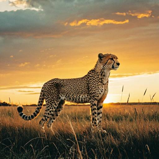 Cheetah Standing in Wild Grass at Sunset