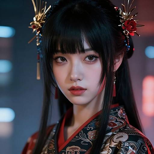 Photograph of an East Asian woman with long black hair, wearing a detailed black and red floral kimono, adorned with gold and red hairpieces,