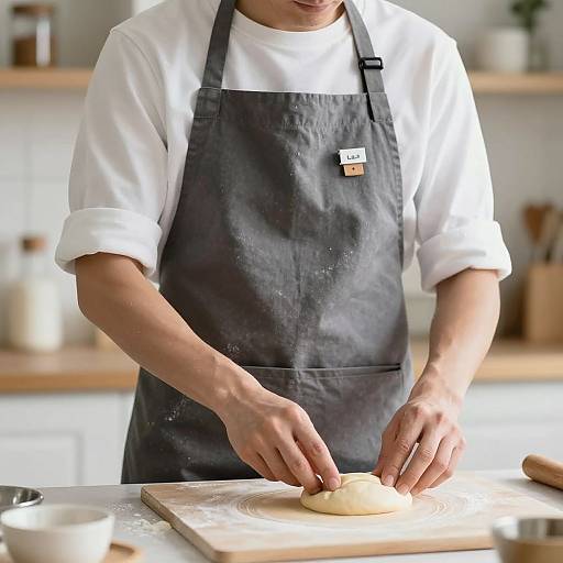 Photograph of a male chef with light skin, wearing a white shirt and black apron, rolling dough on a wooden board in a bright kitchen.