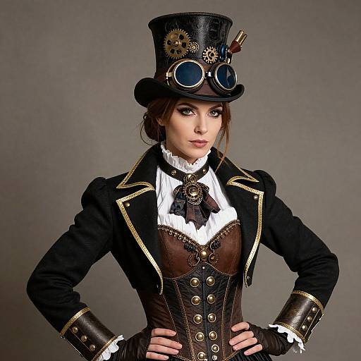 Photograph of a steampunk woman with brown hair, black top hat, goggles, black jacket, brown corset, white ruffled shirt,
