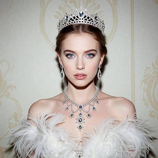 Photograph of a fair-skinned woman with blue eyes, wearing a silver tiara, diamond necklace, matching earrings, and a white feathered off