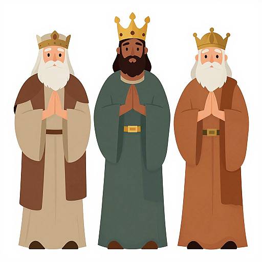 Cartoon-style illustration of three bearded kings with crowns, white hair, and robes in beige, dark green, and brown, standing with hands