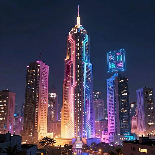 Neon-lit cityscape photograph of a futuristic skyscraper with vibrant purple, blue, and pink neon lights, surrounded by illuminated buildings against a dark