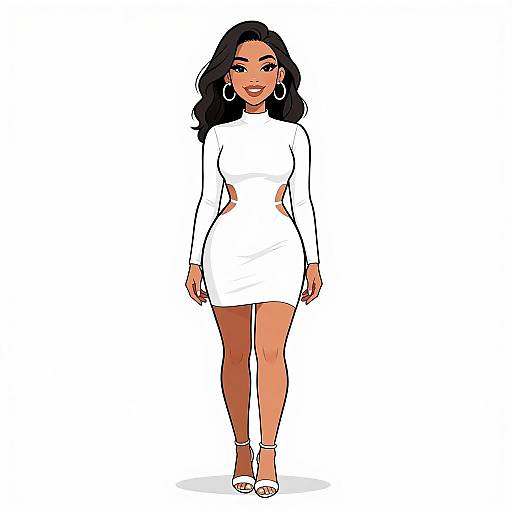 Digital illustration of a confident Black woman with long black hair, wearing a form-fitting white long-sleeve dress, white high heels, and large