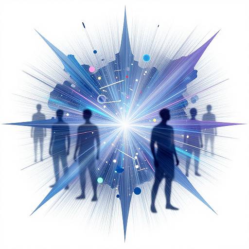 Abstract digital artwork featuring blurred silhouettes of people surrounded by radiant blue and white starburst patterns with glowing dots.