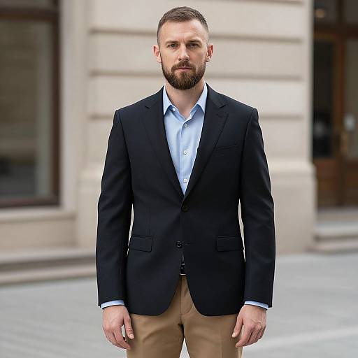 Man in Black Suit and Tan Pants