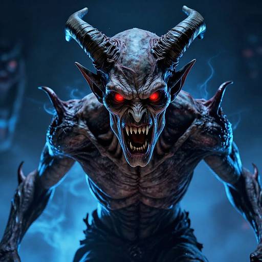 Digital illustration of a terrifying, horned demon with glowing red eyes, bared sharp teeth, and muscular, dark, textured body, set against a