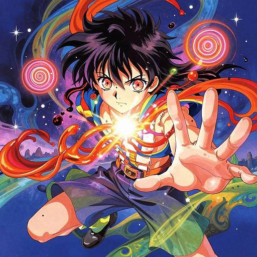 Anime-style digital drawing of a black-haired, intense-eyed character with a glowing hand, red ribbons, and swirling colors, casting a magical blast.