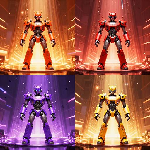 Digital art of a transforming mecha robot in four quadrants, each showcasing different color schemes—red-orange, red-black, purple, and yellow-orange