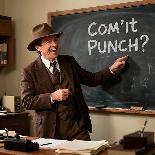 Photograph of a smiling, middle-aged white man in a brown suit and hat, pointing at a blackboard with 
