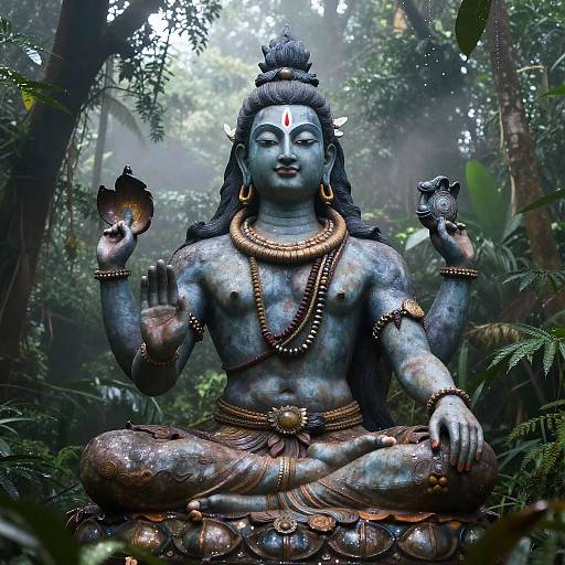 Photograph of a blue-green Hindu statue of Lord Vishnu, seated in a forest, with four arms holding lotus flowers and a small bird,