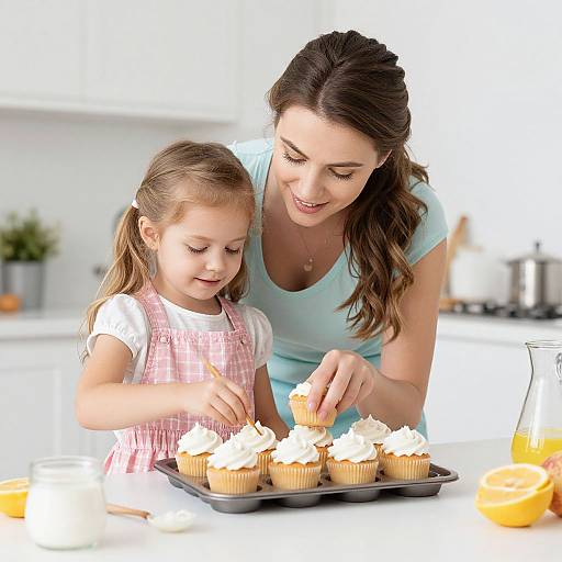 Photograph of a smiling mother with brown hair and a young daughter, both wearing casual clothes, decorating cupcakes in a bright, modern kitchen.