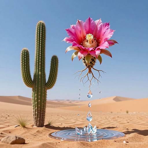 Surreal Desert Dreamscape with Blooming Cactus