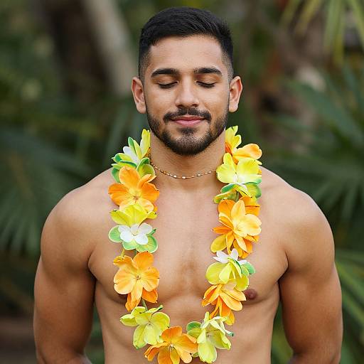 Photograph of a muscular, tan-skinned man with short black hair and beard, wearing a vibrant yellow and orange hibiscus flower lei,