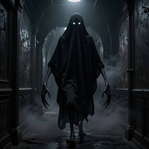 Dark Ghost with Glowing Eyes in Spooky Corridor