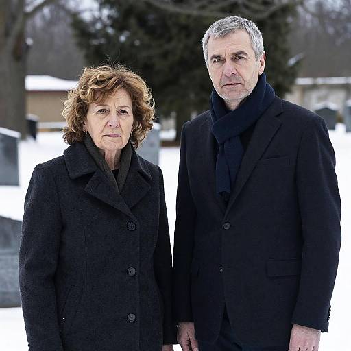 Serious Couple in a Snowy Cemetery