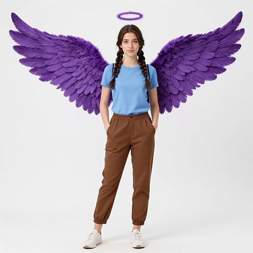 Photograph of a young woman with long black hair, blue shirt, brown pants, white sneakers, purple angel wings, and a glowing halo, standing