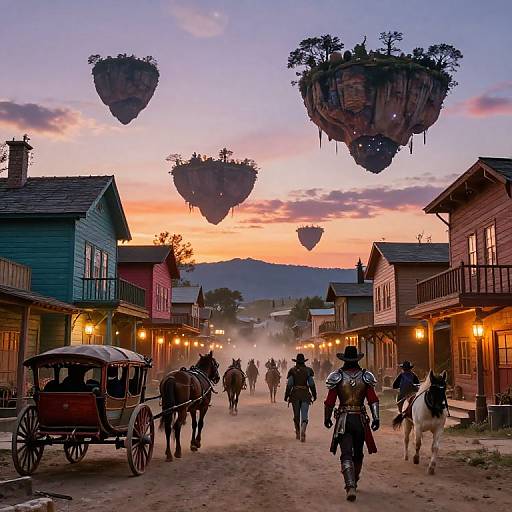 Photograph of a Western-style town at sunset with floating islands, horse-drawn carriages, cowboys, and colorful wooden buildings. Dust rises from