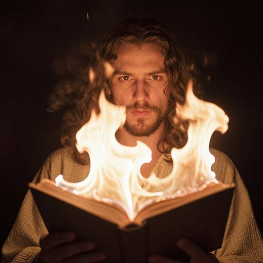 Photograph of a bearded man with long, wavy hair, illuminated by flames from an open book against a black background.