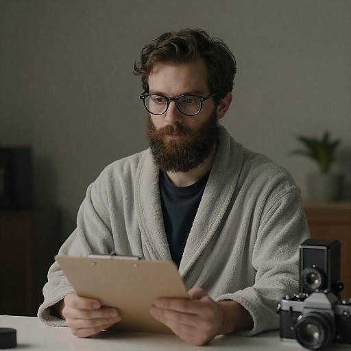 Bearded Man in Gray Bathrobe at Desk