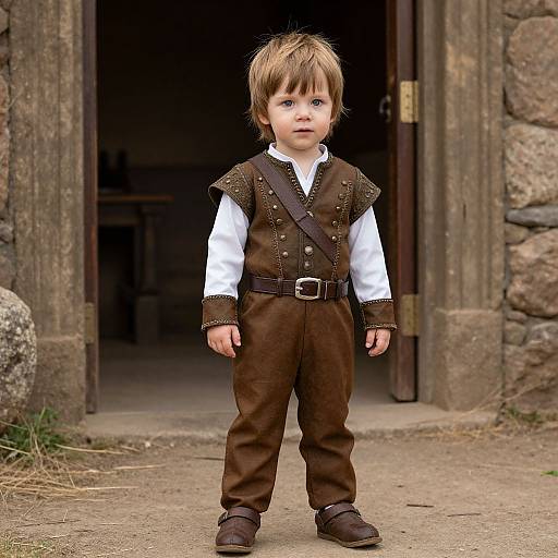 Photograph of a young boy with light brown hair, wearing a brown vest, white shirt, and brown pants, standing in front of a rustic stone