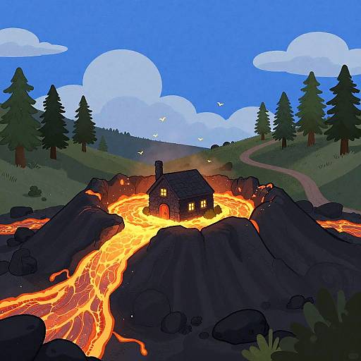 Whimsical Volcanic Crater Cabin Scene