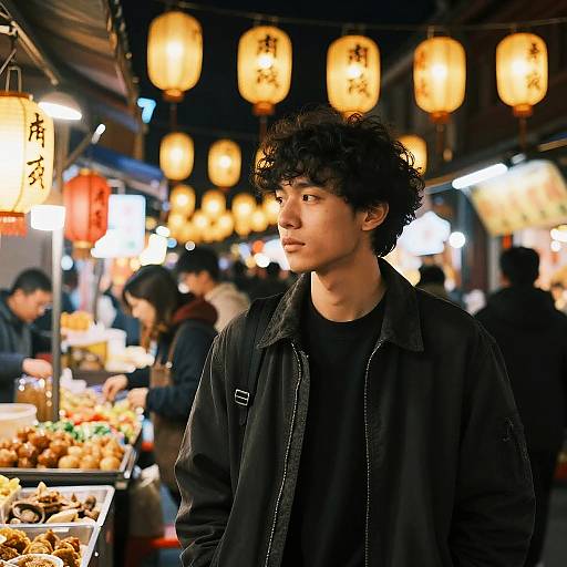 Photograph of a young Asian man with curly black hair, wearing a black jacket, standing in a bustling night market with glowing lanterns and food stalls