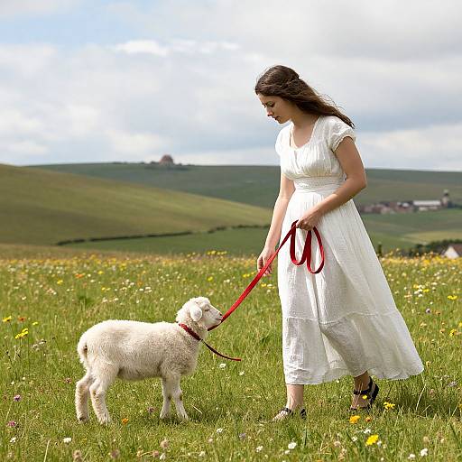Photograph of a pregnant woman in a white dress holding a red leash attached to a fluffy white lamb in a sunny, grassy meadow with distant
