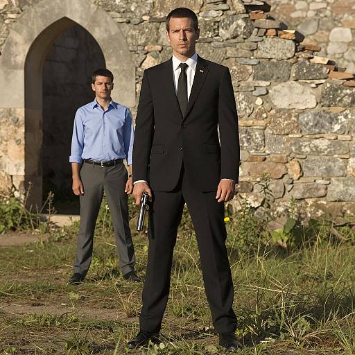 Man in black suit holding handgun with companion