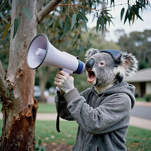 Photograph of a person in a gray hoodie and blue beanie, wearing a gray koala mask, shouting into a white megaphone under a