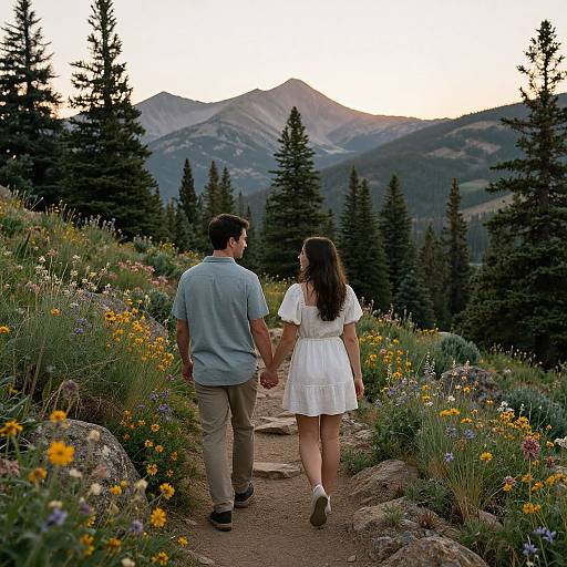 Photograph of a couple holding hands, walking a floral path towards mountainous sunset, wearing casual clothes, surrounded by wildflowers and pine trees.