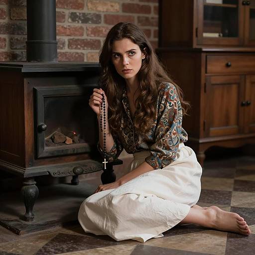 Woman in Vintage Setting with Rosary