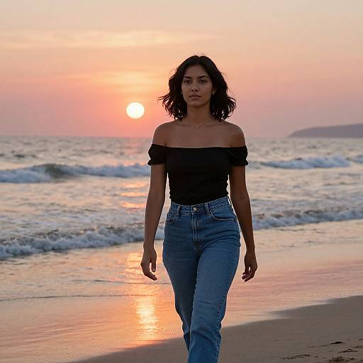 Photograph of a young woman with medium skin tone and dark shoulder-length hair, wearing an off-shoulder black top and blue jeans, walking on