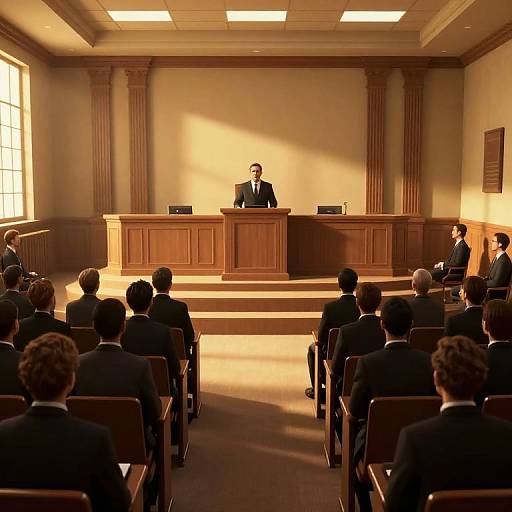 Photograph of a courtroom with a male judge in a black suit standing at a wooden podium, surrounded by seated men in suits, bathed in warm