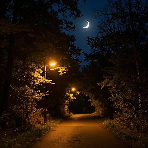 Photograph of a dark, tree-lined path at night, illuminated by glowing streetlights, with a crescent moon in a deep blue sky above.