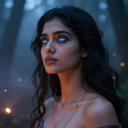 Photograph-style digital art of a young woman with glowing blue eyes, long wavy dark hair, freckles, and necklace, set in a