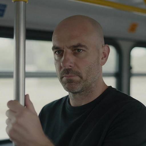 Serious Middle-aged Man on Bus Holding Pole