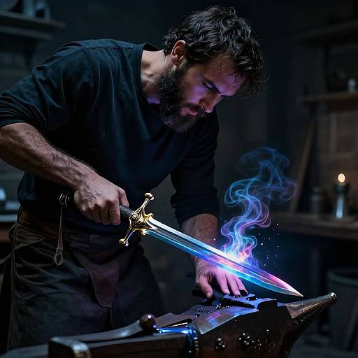 Bearded black-cloaked man with intense focus, forging a glowing blue sword in a dimly lit, medieval-style workshop, with a candle in
