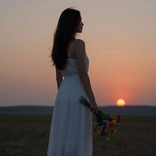 Silhouetted woman in white dress holds colorful bouquet, stands against sunset in field, holding flowers, serene evening, soft orange and pink sky.