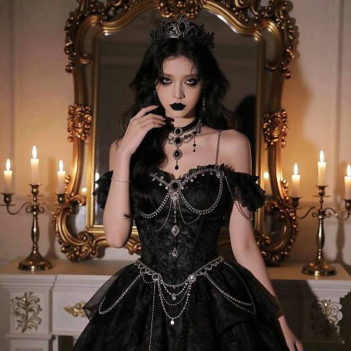 Gothic woman with black lace dress, chains, and dark makeup stands before ornate mirror and candles, exuding Victorian elegance. Photograph.