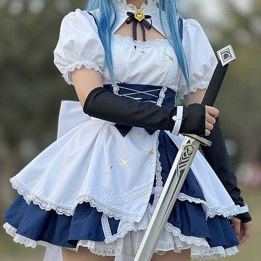 Photograph of a woman with blue hair in a white and navy blue maid outfit, holding a sword, wearing black gloves, in a blurred outdoor setting