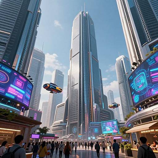 CGI image of a futuristic cityscape with towering skyscrapers, flying drones, neon-lit billboards, and bustling pedestrians under a clear blue
