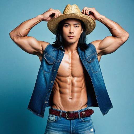 Strong Muscular Asian Man in Denim